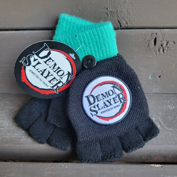 Demon Slayer Black and Teal Fingerless Gloves - Picture 1 of 2